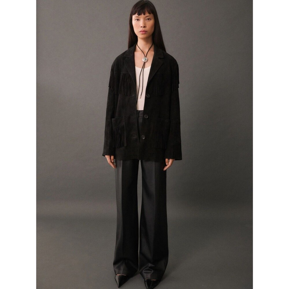 Mango NWT Medium Black Fringe Suede Leather Jacket